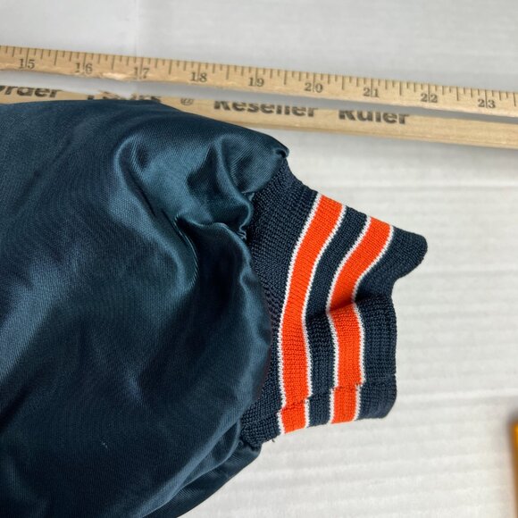 VTG 90 Chalk Line Chicago Bears Satin Jacket Extra Large Blue Snap Button Bomber - Picture 12 of 15